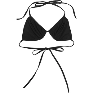Detailed close-up of black halter bikini top with knitted texture and tie strings