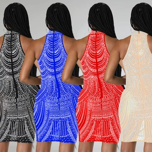 Detail view of the rhinestone embellished back on four colored bodycon cocktail dresses