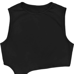 Close-up of black sleeveless crop top with asymmetric hem and elastic textured fabric