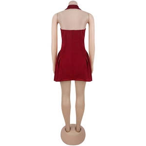 Back view of a deep red halter neck mini dress with ruched sides and open back detail