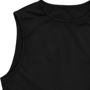 Close-up of the high-quality stitching on the neckline of a black sleeveless dress