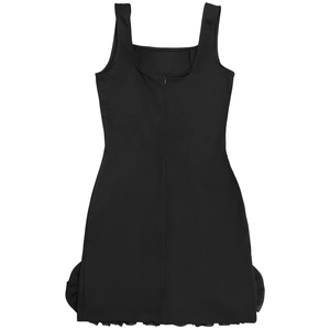 Vue arrière d'une robe fourreau noire sans manches avec fermeture éclair et ourlet volanté