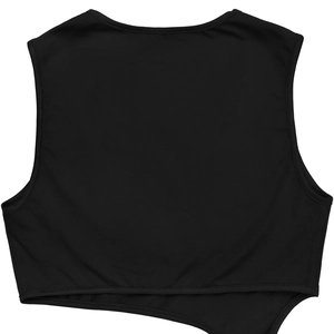 Detail view of a black sleeveless crop top with an asymmetrical hemline and round neck