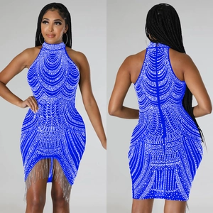 Royal blue halter sleeveless bodycon dress with silver rhinestones and fringe hem