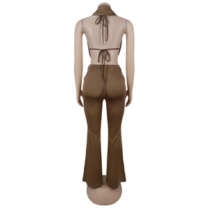 Detail of cocoa brown backless halter top and flared pants set with tie-back strings