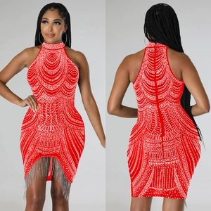 Elegant red halter neck dress with sparkling rhinestones and silver metallic fringe detail