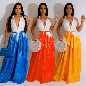 Damen Ärmellos V Ausschnitt Jumpsuit Elegant Batik Weite Hose Jumpsuit Mode Taille Bindung Sommer Urlaub Overalls Kleidung