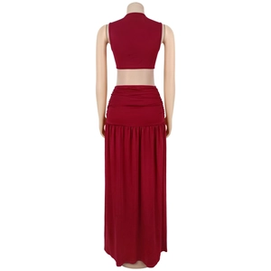 Rear view of two-piece dark red bodycon set with sleeveless crop top and ruched skirt