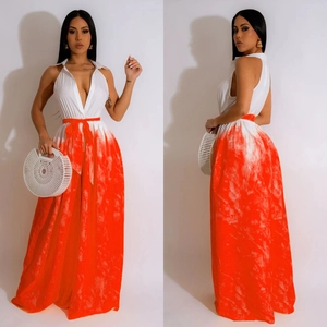 Damen Jumpsuit mit V-Ausschnitt, ärmellos, Farbverlauf und orangefarbenem Druck