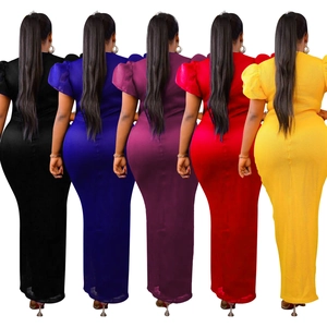 Abito lungo elegante con scollo a V e maniche a sbuffo in cinque colori vivaci