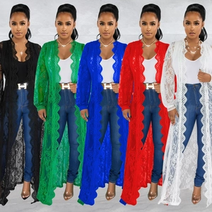 Women Elegant Floral Sheer Lace Long Cardigan Cover Up Loose Long Sleeve Wave Trim Beach Cape Outwear