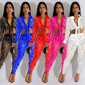 Tenue Femme Sexy en Maille avec Strass Géométriques Hotfix Crop Top à Manches Longues et Pantalon Moulant Taille Haute Fête