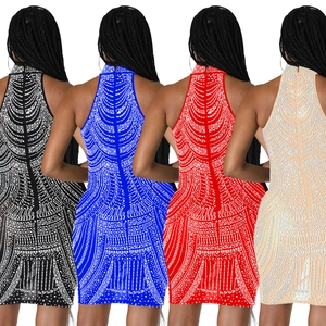 Women's slim fit halter neck mini dress with rhinestones in black blue red beige