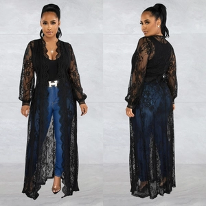 Women's black lace long cardigan with floral embroidery and lantern sleeves front and back view