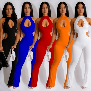 Combinaison Sexy Femme Dos Nu Sans Manches Coupe Ajustée Découpe Jambe Évasée Une Pièce Dos Nu Clubwear Soirée