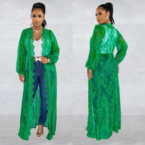 Elegant bright green floral lace long cardigan with puff sleeves and floor-length silhouette