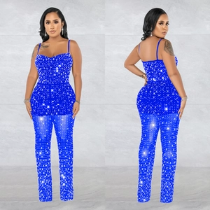 Royal blue sequin jumpsuit with spaghetti straps and slim fit pants for women