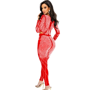 Detailed view of red mesh jumpsuit featuring intricate rhinestone wave patterns and sparkles