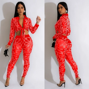 Ensemble deux pièces en mesh rouge avec haut à col en V et pantalon taille haute à strass