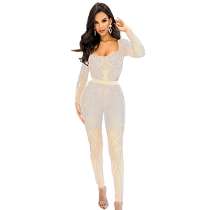 Close-up of nude long-sleeved jumpsuit with silver rhinestones and mesh details