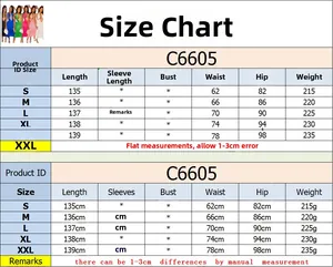 Size chart for solid color wave pattern long dress with measurements for S to XXL