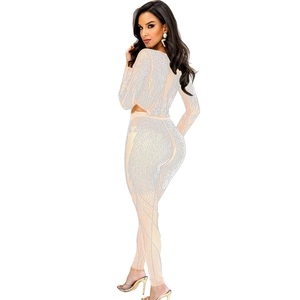 Detailed close-up of nude mesh fabric with intricate silver rhinestone scroll patterns