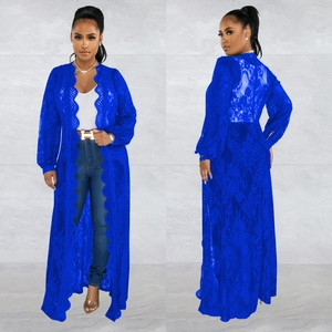 Women's royal blue lace cover-up cardigan with floral crochet patterns and long sleeves