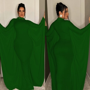 Elegant dark green bodycon maxi dress with long batwing sleeves and a high neckline