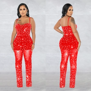 Sparkling red sequin mesh jumpsuit with spaghetti straps and wide-leg trousers