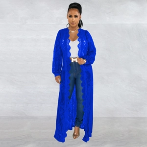 Detail view of navy blue long lace cardigan with delicate floral patterns and scalloped edges