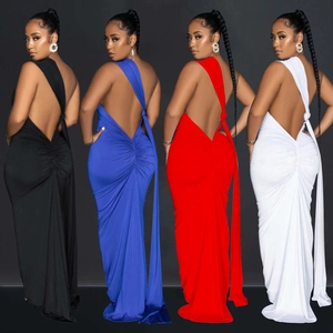 Slim fit backless maxi dress with halter neck and ruching detail in four solid colors