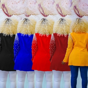 Detail showing five color options of a women long sleeve blazer with pearl trim on shoulders