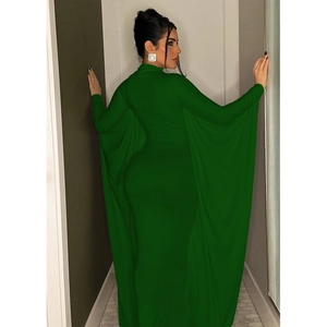 Detailed back view of a dark green fitted maxi dress with elegant cape sleeves
