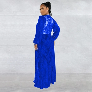 Close-up of royal blue floral lace fabric with high neck and long lantern sleeves