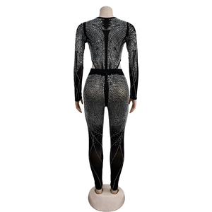 Detailed view of black mesh bodysuit with intricate silver rhinestone patterns