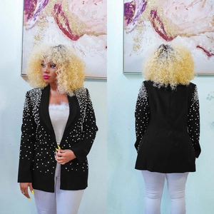 Women's black longline blazer with elegant white pearl beaded sleeves and slim fit design