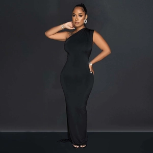 Detail of the elegant one-shoulder black bodycon maxi dress showing sleek fabric and fit