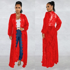 Detailed views of a long red lace cardigan featuring floral hollow-out patterns and lace trim