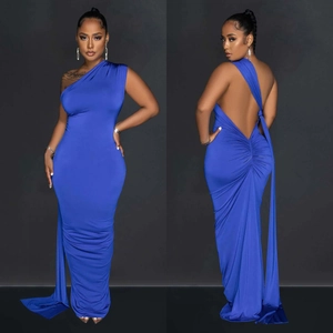 Elegant royal blue one-shoulder long dress with open back and ruched detail for women