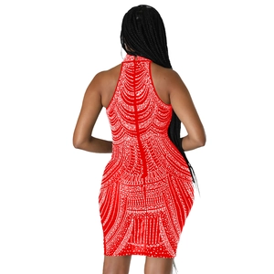 Detail of red sleeveless mini dress back view with sparkling white rhinestone patterns