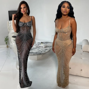 Women's Mesh Rhinestone Spaghetti Strap Maxi Dress Sexy See-Through Tight Slim Fit Evening Party Club Night Long Dress