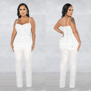 Detailed front and back views of white sequined jumpsuit with thin straps and rhinestones