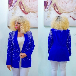 Fashionable bright blue long sleeve blazer for women with white pearl beaded lapel details