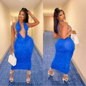 Royal blue halter neck backless midi dress with textured ruffle fabric and slim silhouette