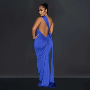 Detail of the backless navy blue floor-length dress with elegant ruching and halter wrap style