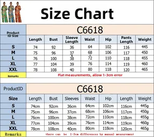 Detailed size chart for women floral print short sleeve shirt and trousers two-piece set