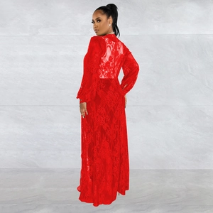 Detailed macro view of the intricate red lace floral embroidery on this floor-length gown