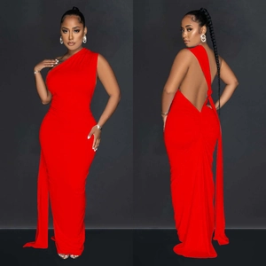 Elegant red one-shoulder backless maxi dress with side slit and long train detail