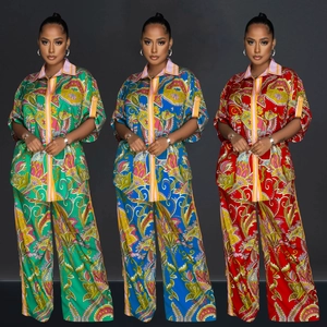 French Paisley Print Short Sleeve Shirt And Wide Leg Pants Top And Bottom Elegant Fashion Casual Vacation Outfit For Women