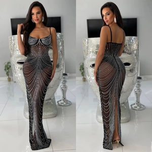 Elegant black mesh long dress with silver rhinestones and thin straps, front and back view